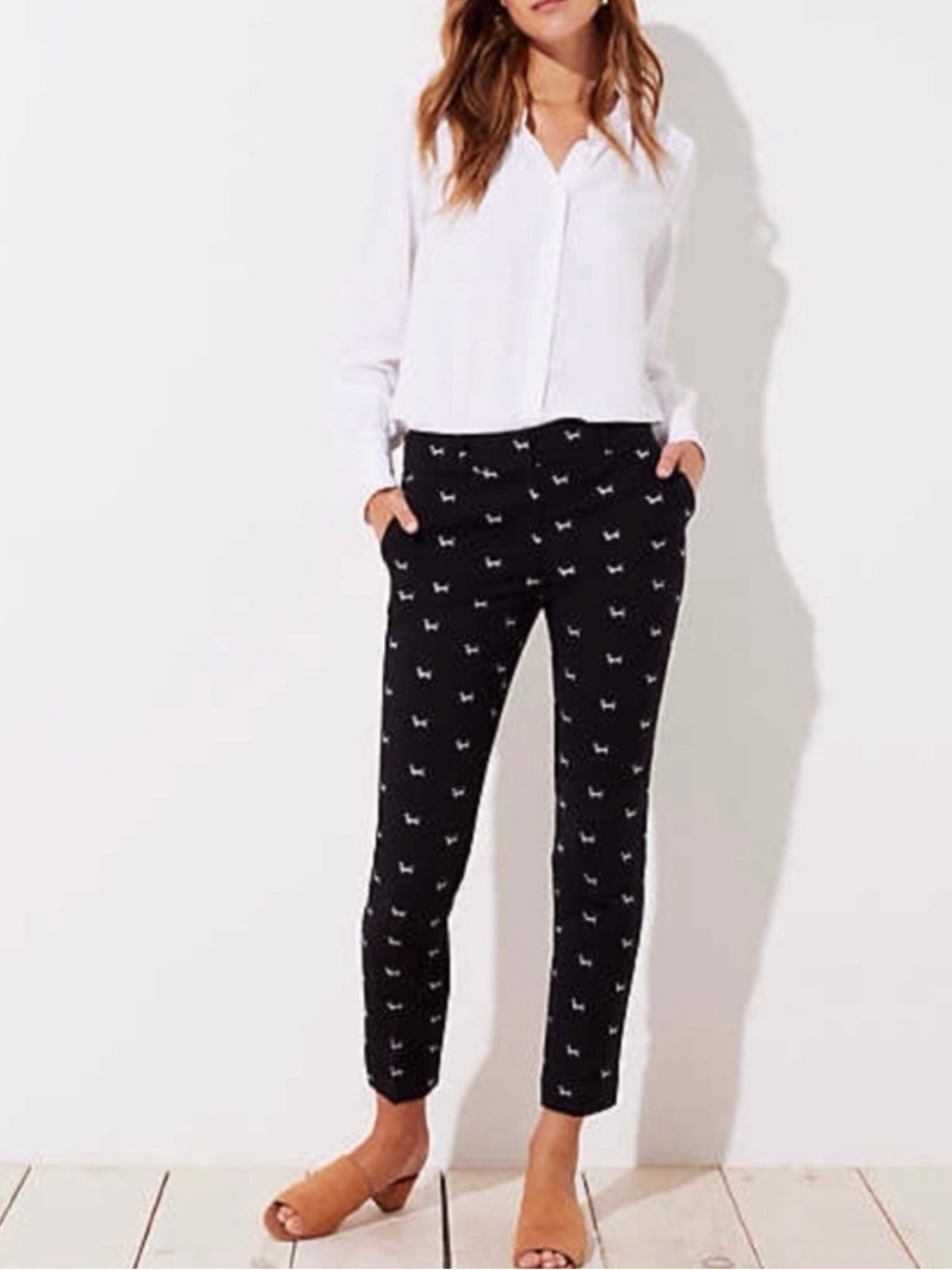 LOFT Marisa Black Slim-Leg Pants with White Dog Motif